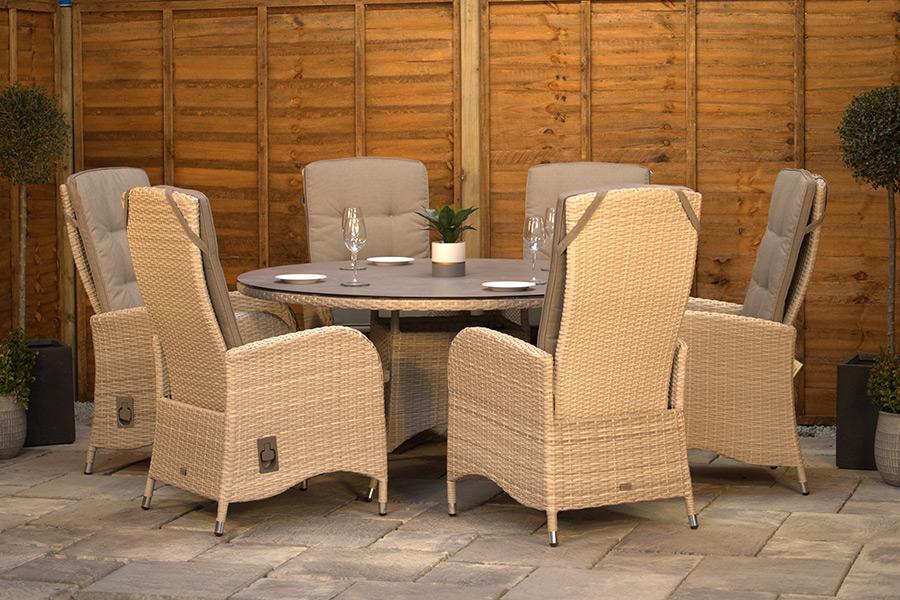 Latte Round Rattan Dining Set with 6 Reclining Chairs